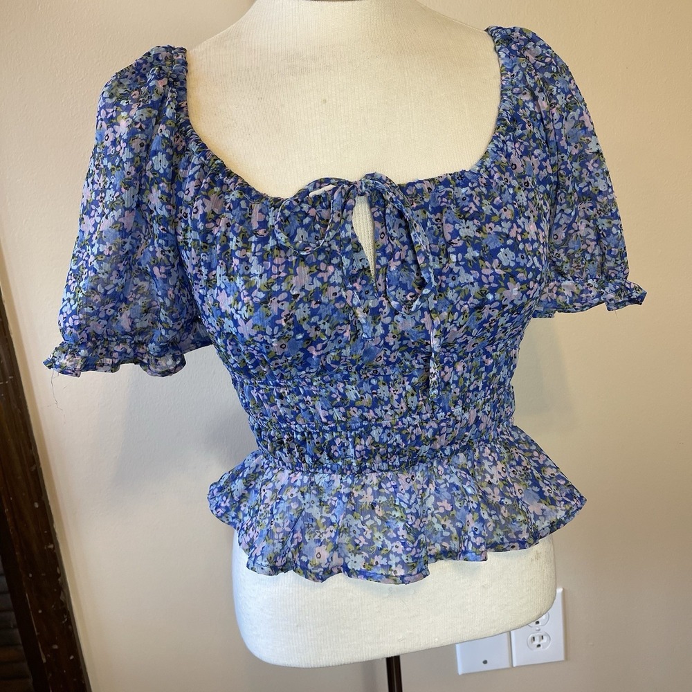 Indulge In Style S Boho Peasant Crop Short Sleeve‎ Floral Print Top Blue Pink